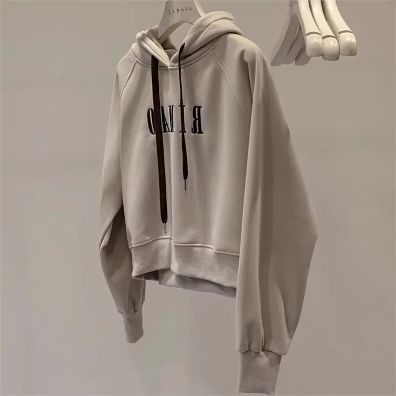 Felpa corta con cappuccio stile americano per donna Top sottile e ampio con copertura superiore spessa Giacca spessa Abbigliamento femminile