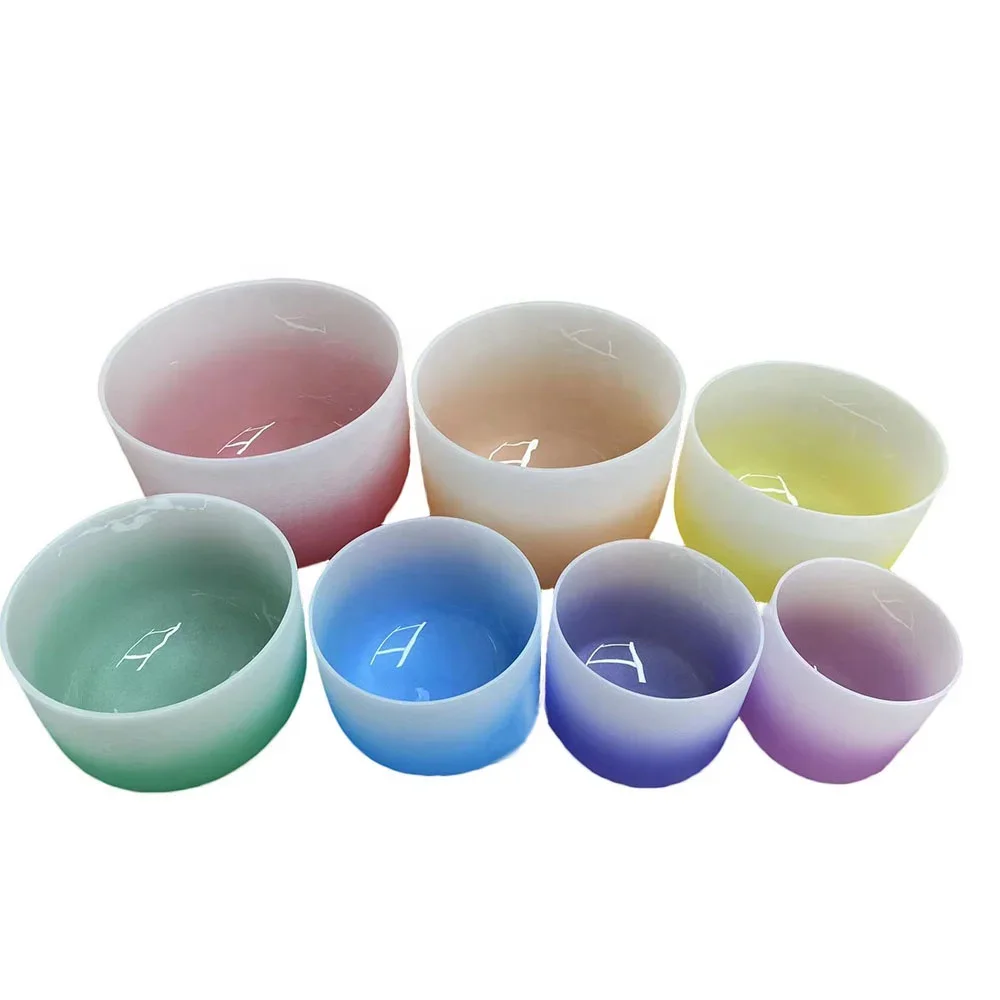 Beautiful 7 Rainbow Ombre Colored Quartz Crystal Singing Bowl For Inner Peace Balancing