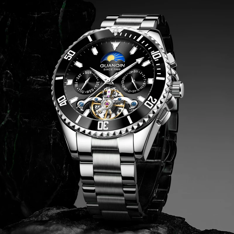 GUANQIN Роскошные механические часы для мужчин с автоподзаводом и турбийоном, вращающийся безель, неделя, дата, бизнес-досуг, 30 м, водонепроницаемые
