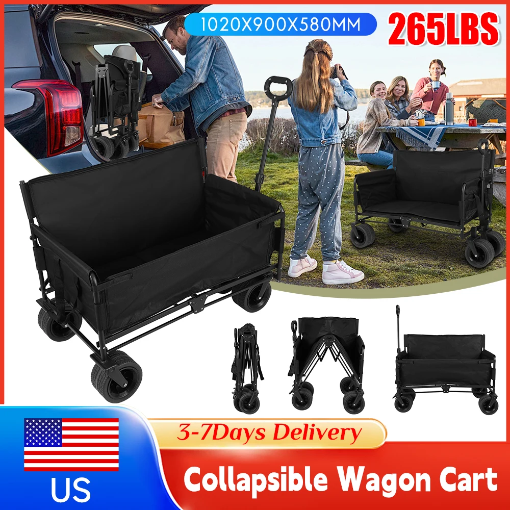265LBS Heavy Duty Foldable Extended Wagon 40In Black Beach Wagon with Wheels Collapsible Utility Cart for Camping Sports Outdoor