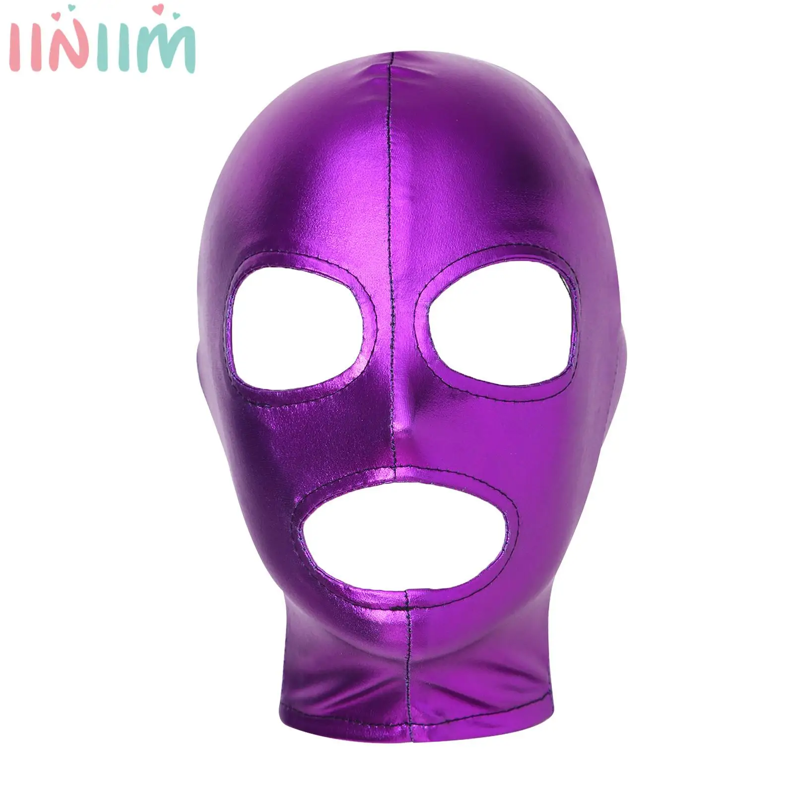 Women Men Latex Cosplay Party Face Mask Unisex Shiny Metallic Open Eyes and Mouth Headgear Full Face Mask Hood Roleplay Costume