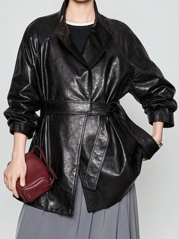 Concise Ladies Genuine Leather Jackets Solid Color Turn Down Collar Long Sleeves Belt Sheepskin Outwear