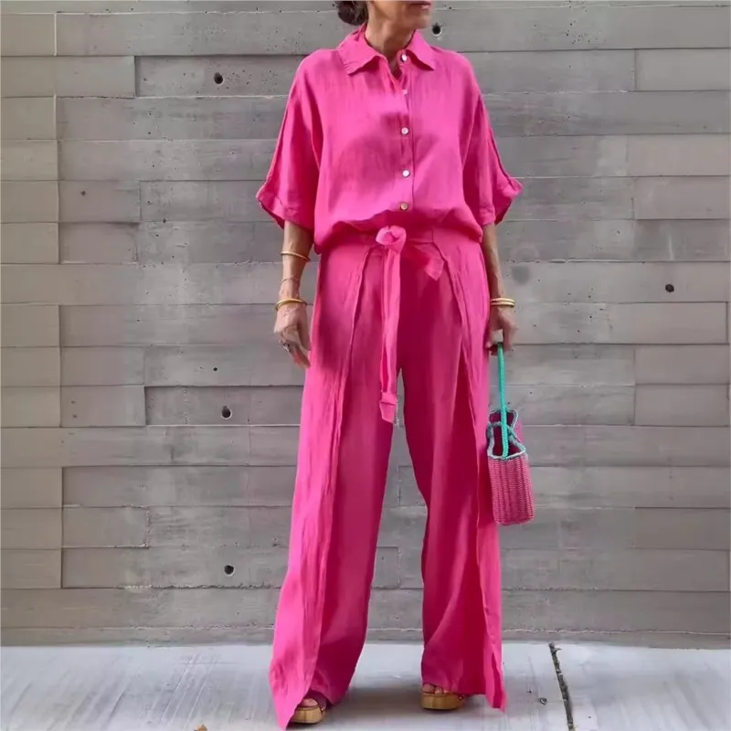 

Women Shirt Pants Set Elegant Women's Shirt Pants Set with Turn-down Collar Three Quarter Sleeve Top Wide Leg Lace-up for A