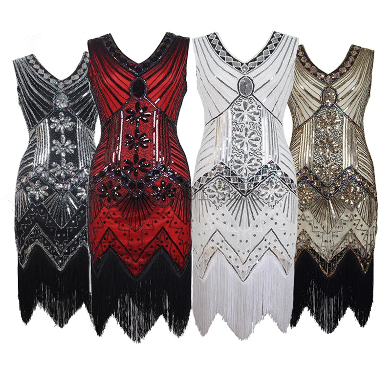 20s Plus Size S-4XL Women 1920s Gastby Sequin Art Embellished Fringed Flapper Dress Party Costumes