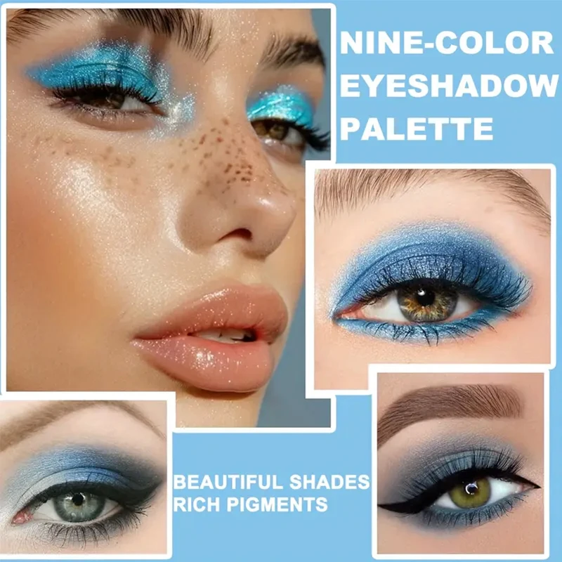 9 色ブルーアイシャドウパレットマットシマードルフィンアイシャドウパレットグリッターメイクアップ着色された長期的なプロフェッショナル