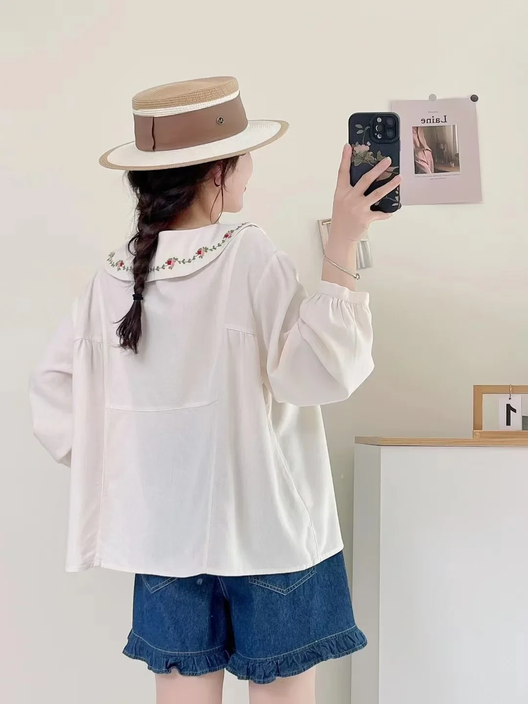 

2025 Spring New, Spliced Top Autumn Loose Sweet Shirt Long Sleeve Shirt