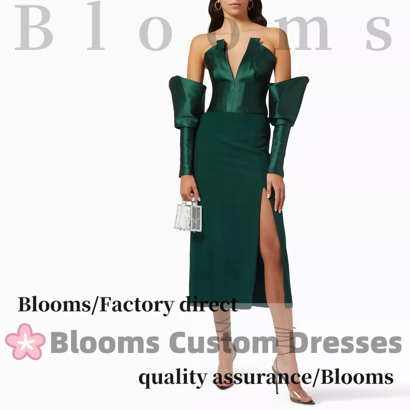 

Customized Green Side Slit Tea-length Simple Evening Dresses 2025 Women Wedding Elegant Party Dress Long Sleeves Prom Gown