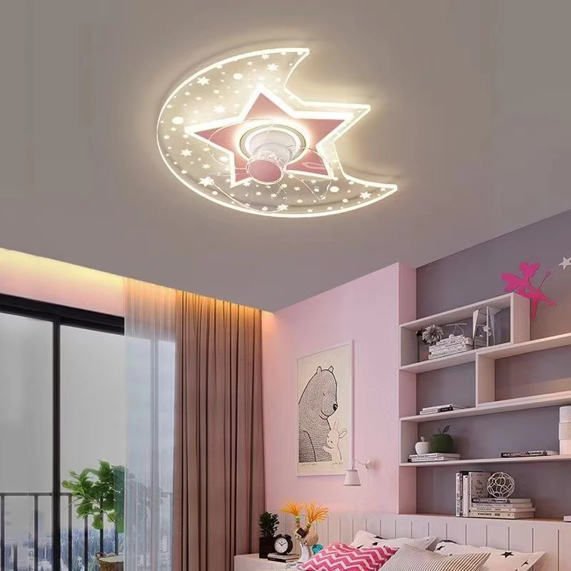 Children Ceiling Fan With Light Kids Room Light Ceiling Star Moon Chandelier fan Modern Nursery Baby Boys Girls Bedroom Lamp 실링팬