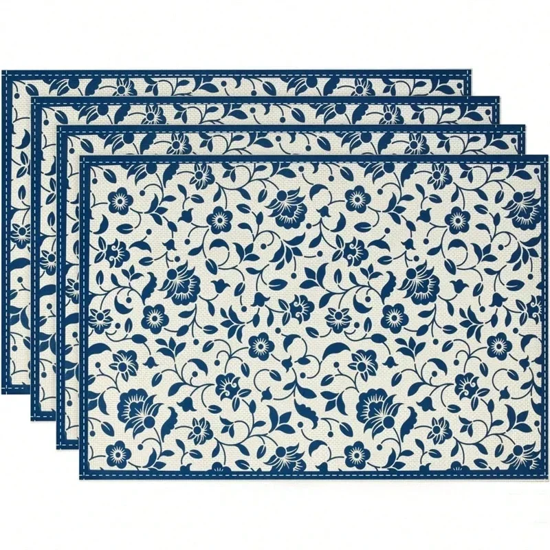 4Pcs Watercolor Blue Flower Lemon Vine Summer Linen Placemat Fresh Holiday Dining Table Decor for Wedding Party Home Gathering