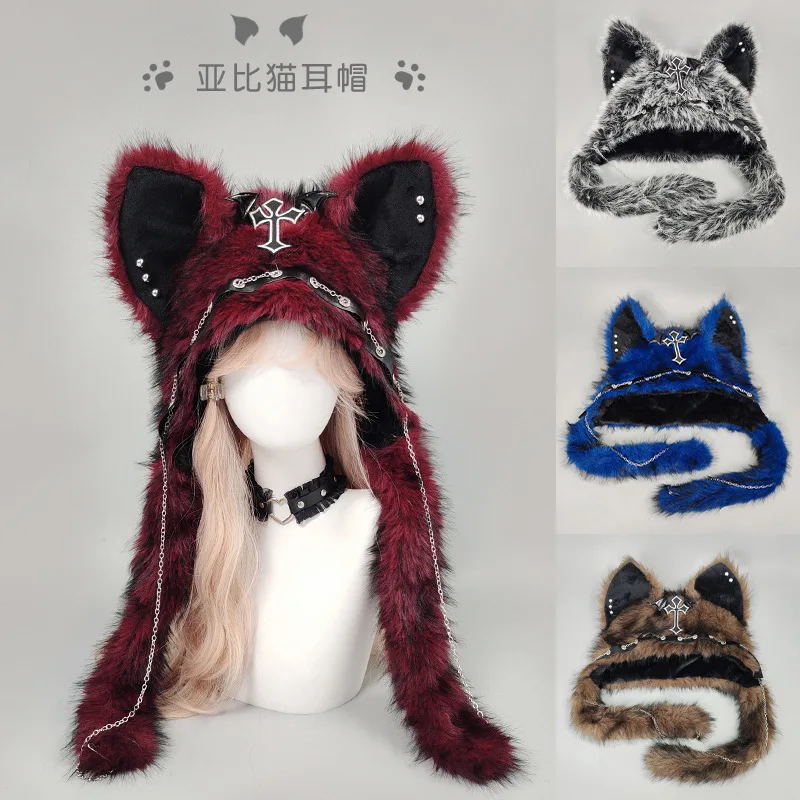 Alternative Kawaii Cat-Ear Beanie - Punk Rock Dark Gothic Style Plush Winter Hat for Warmth Goth Lolita Fashion