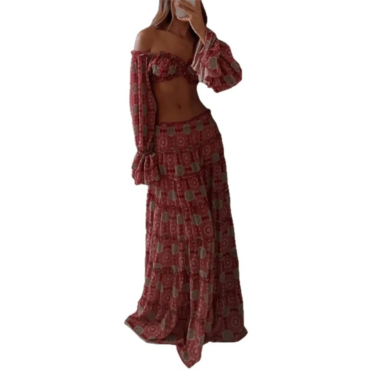 عارضة ort oulder Bared طباعة أعلى تنورة طويلة مجموعة مثير Sle منتصف منخفضة الخصر مظلة الجندي السراويل المواد البلاستيكية لمتوسطة... #5