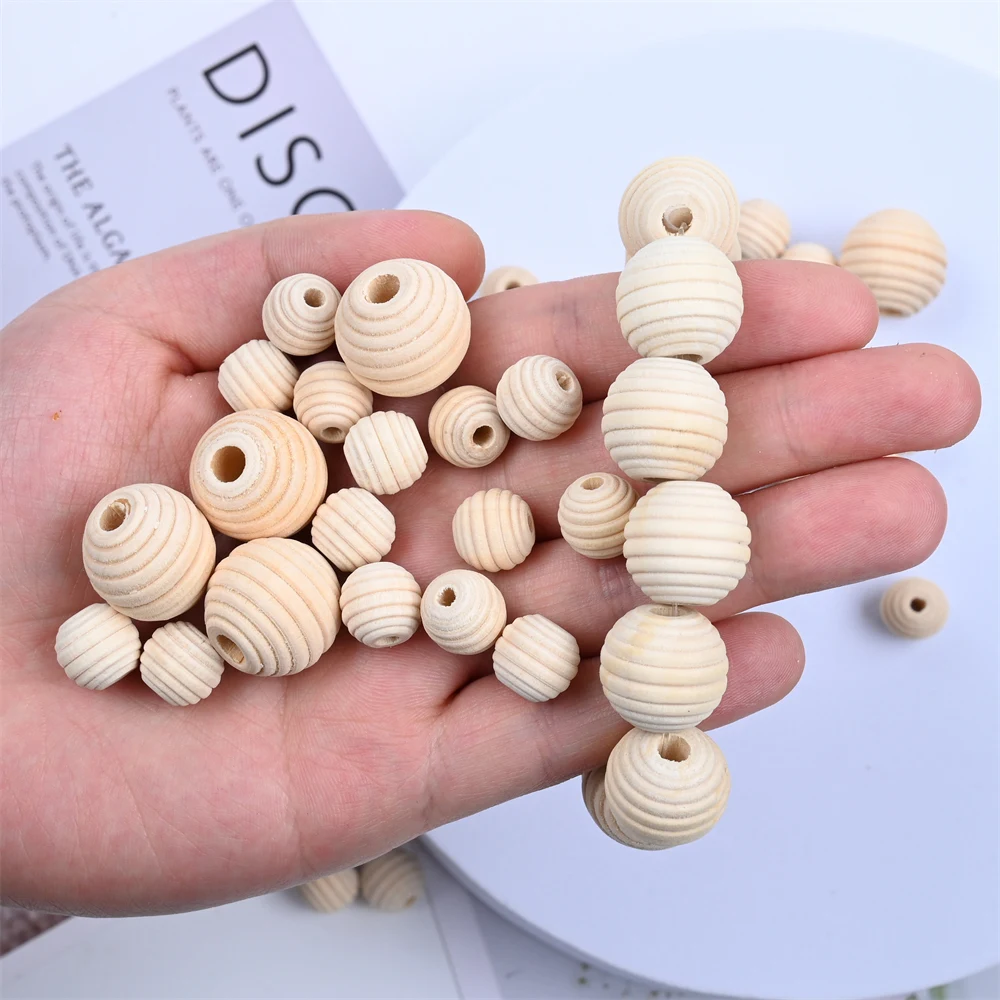 18mm Natural Unfinished Threaded Wooden Beads Round Wood Honeycomb Beads for Jewelry Making DIY Bracelet Tassel Craft