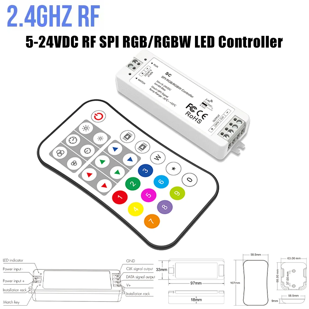 

DC5-24V RGB/RGBW LED SPI Controller KIT 2.4G RF SPI Led Dimmer for WS2811 Ws2812 Ws2815 SK6812 RGB/RGBW LED Strip Pixel Modules