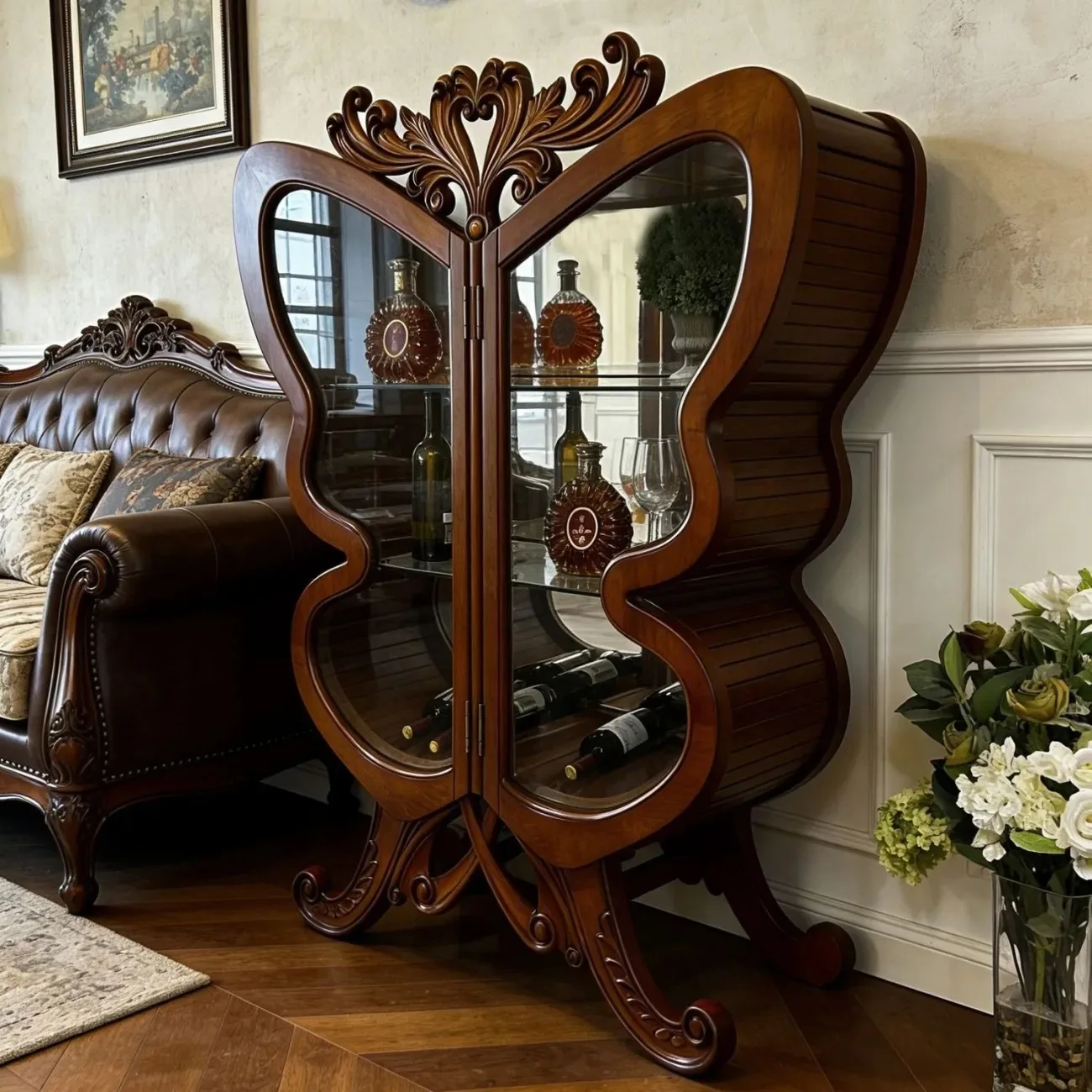 YJQ solid wood wine cabinet double door storage side cabinet storage display Bogu cabinet household living room rack