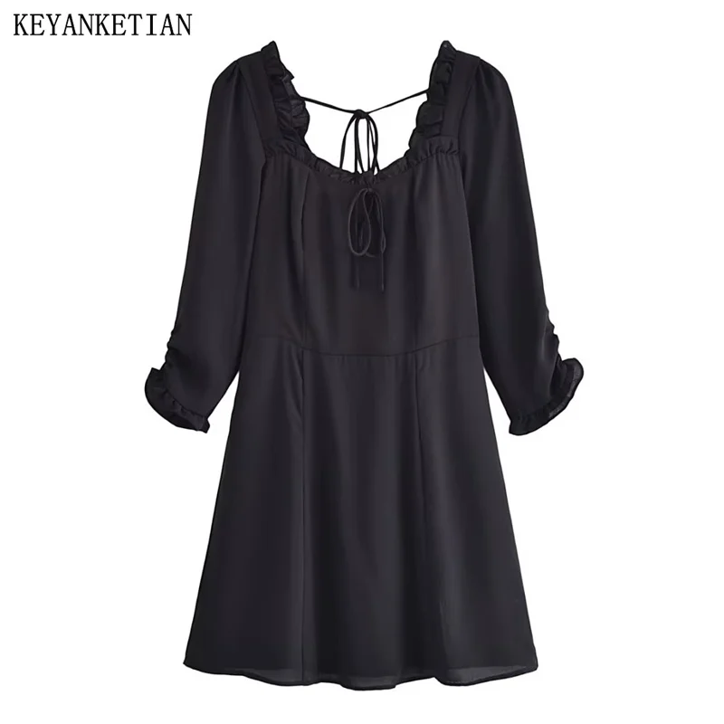 

KEYANKETIAN Autumn New Women's Black Chiffon Dress Cascading Bow Decoration Lace Up Square Collar Slim-Fit Mini Dress