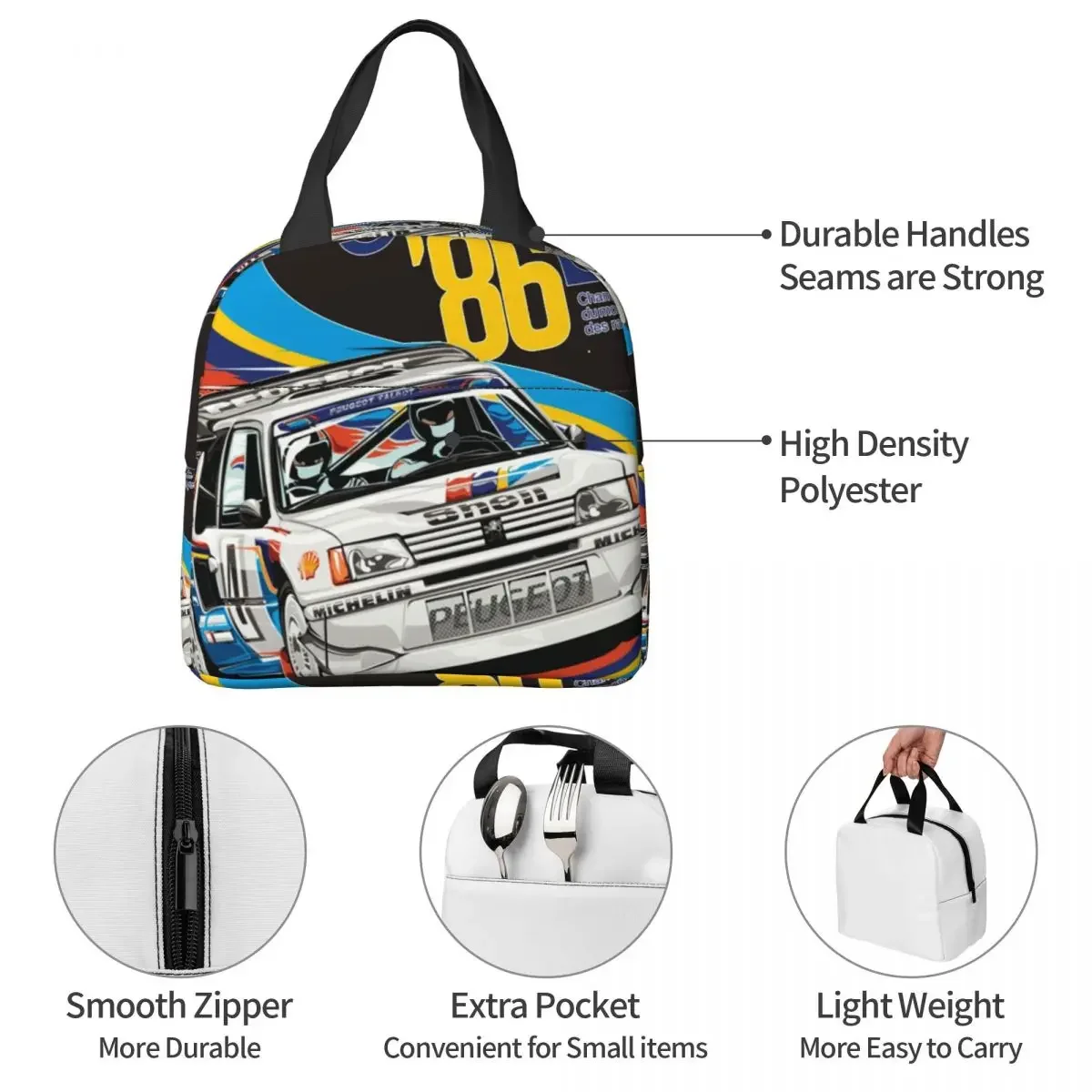 Peugeot 205 Turbo Rally Essential Thermal Insulated Lunch Bags Lunch Container Food Storage Bags Large Lunch Box Tote Outdoor