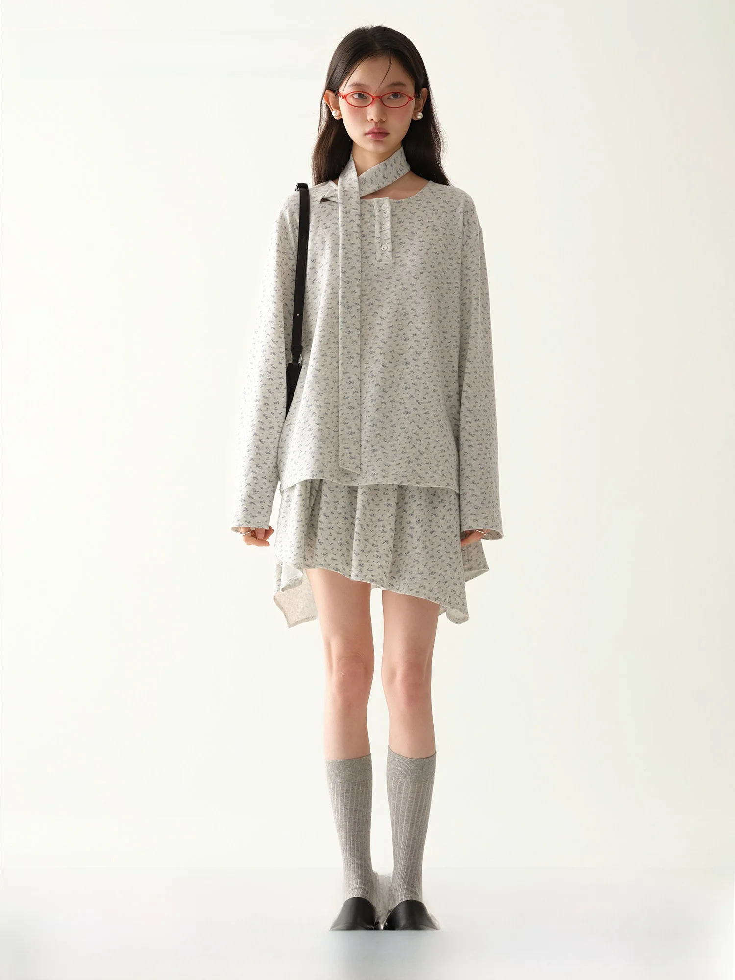 

Babymoon Floral Print Knitted Long Sleeve Neck Hanging Scarf Women's Top Half-length Skirt Loose Fit Casual Spring Fashion