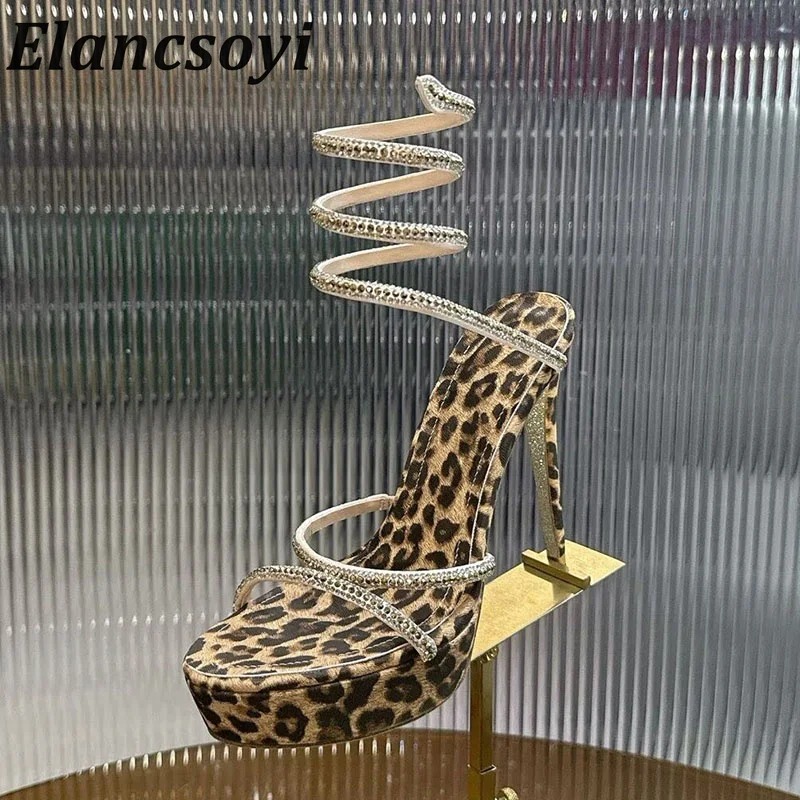 New Women's Serpentine Wrapped Waterproof Platform Sandals Summer Solid Color Shiny Water Diamond Decorative Banquet Sandals