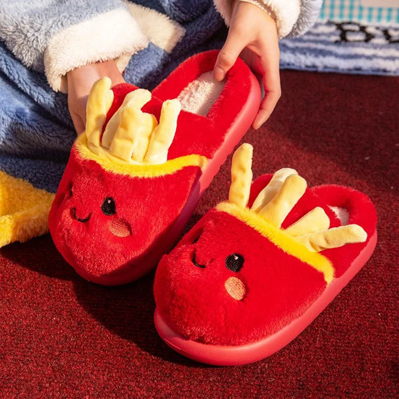 

Cute Plush Women's Slippers Creative Cartoon French Fries Couple Slippers Winter Thickened Warm Anti-slip Home Slippers Unisex