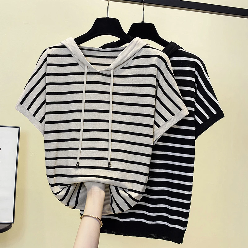 

Striped Knitted Stylish Sweater Tshirt Women's Tops Pullovers 2023 Summer Short Sleeve Hooded Collar Single-breasted Knitwears