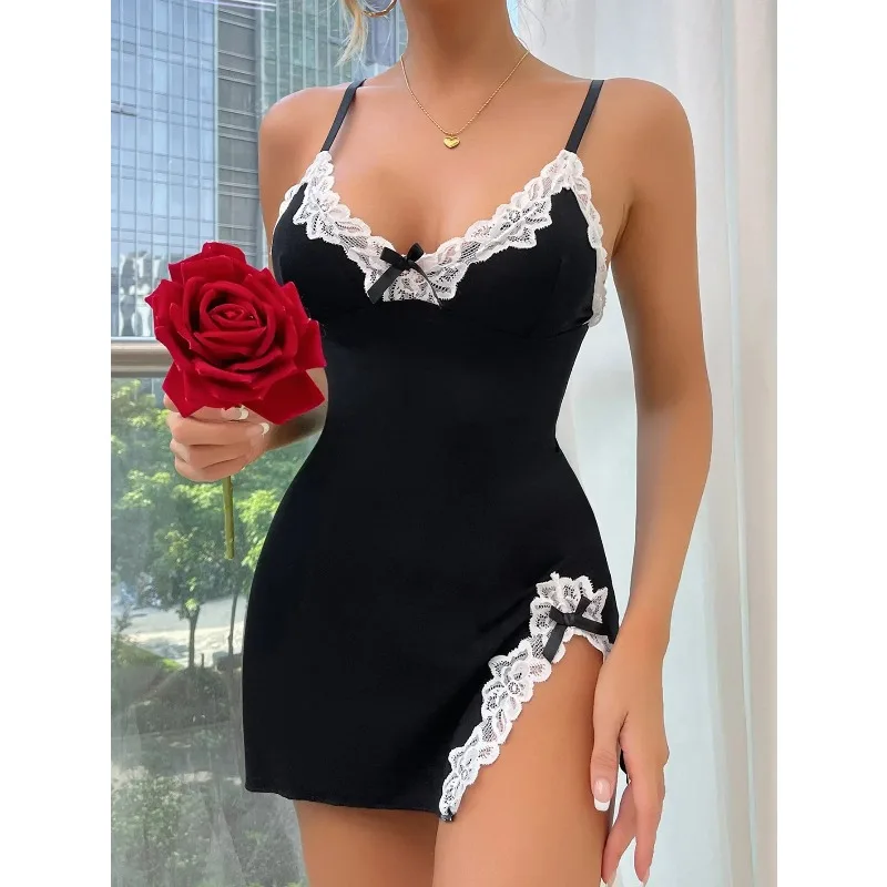 Women's Side Slit Cami Nightdress with Lace Trim - Sexy & Comfortable V-Neck for Loungewear image 2