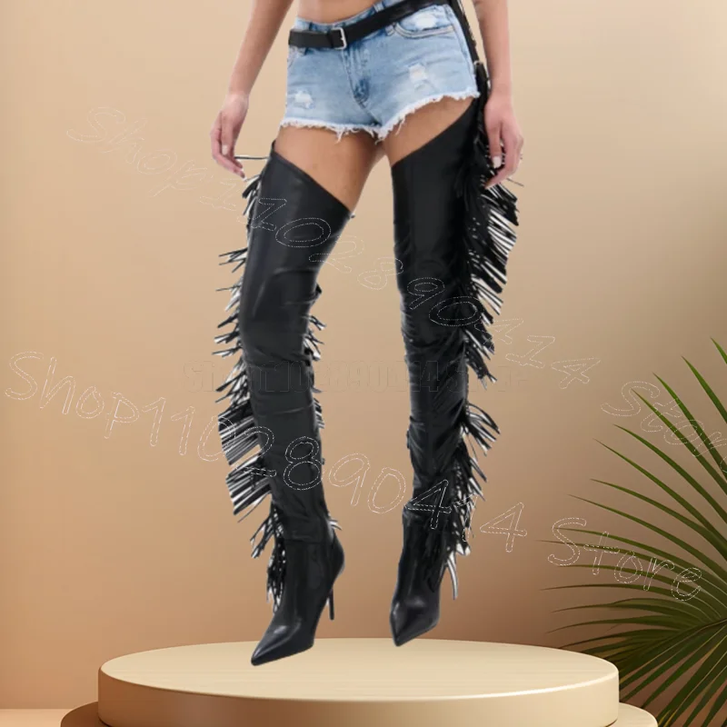 

Black Leather Tassels Belt Fastener Pant Boots Slip On Women Shoes Thin High Heels Sexy Party Banquet 2025 Zapatos Para Mujere