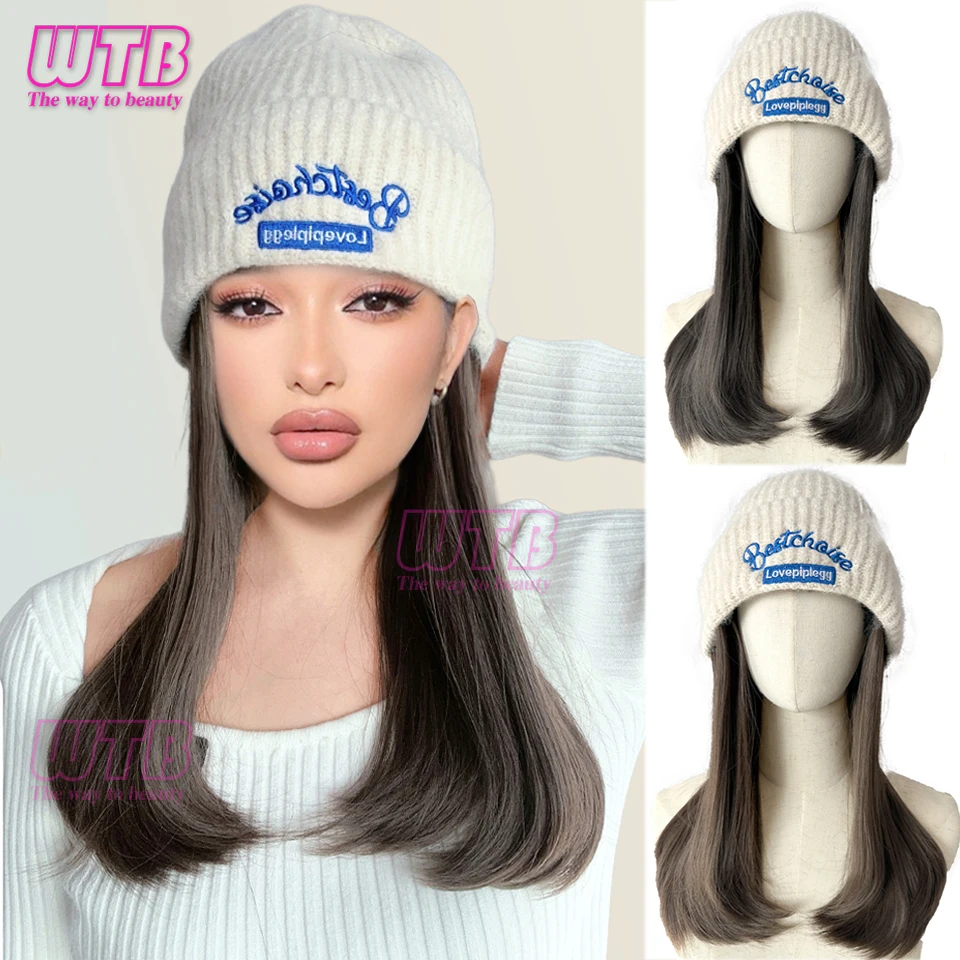 

Synthetic White Hat Wig Beanies Hat With Hair Wigs For Women Short Straight Hair Warm Ski Plush Knitted Autumn Winter Cap Wig