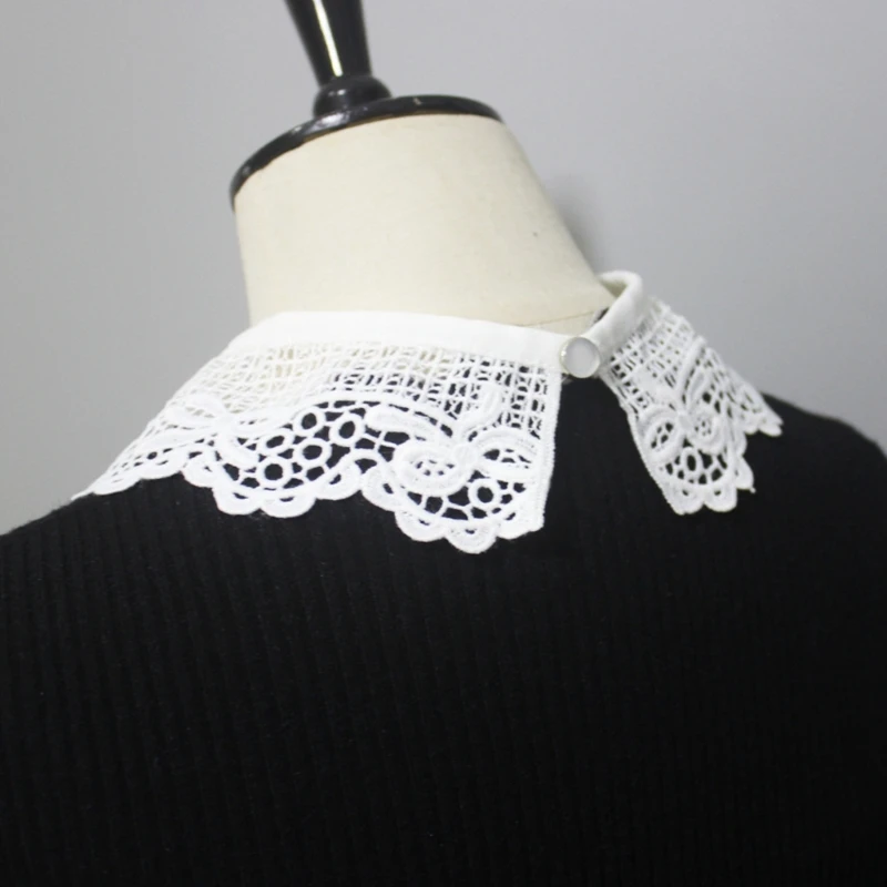 ZB Creative Clothing Accessory Embroidered Lace Neckline False Collar with Button Hollow Out Lace Bowtie Detachable Collar