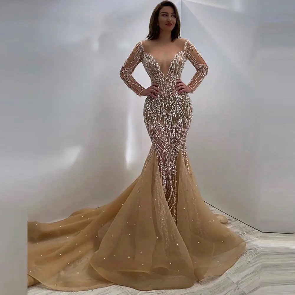 

Customized Crystal Champagne Deep V Neck Perspective Evening Dress Long Sleeve Prom Party Wedding Dress