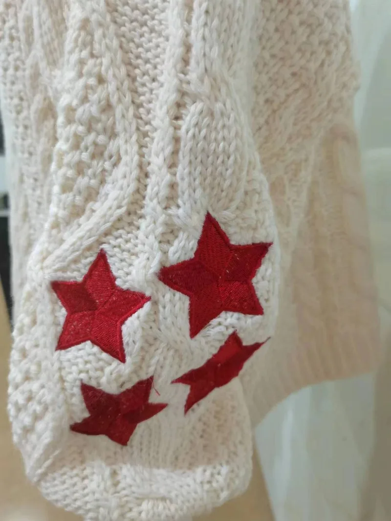 Red Star Embroidery Fashion Knitted Cardigan V-neck Long Sleeve Loose Sweaters 2024 New All-match Streetwear Y2k Top Knitwear