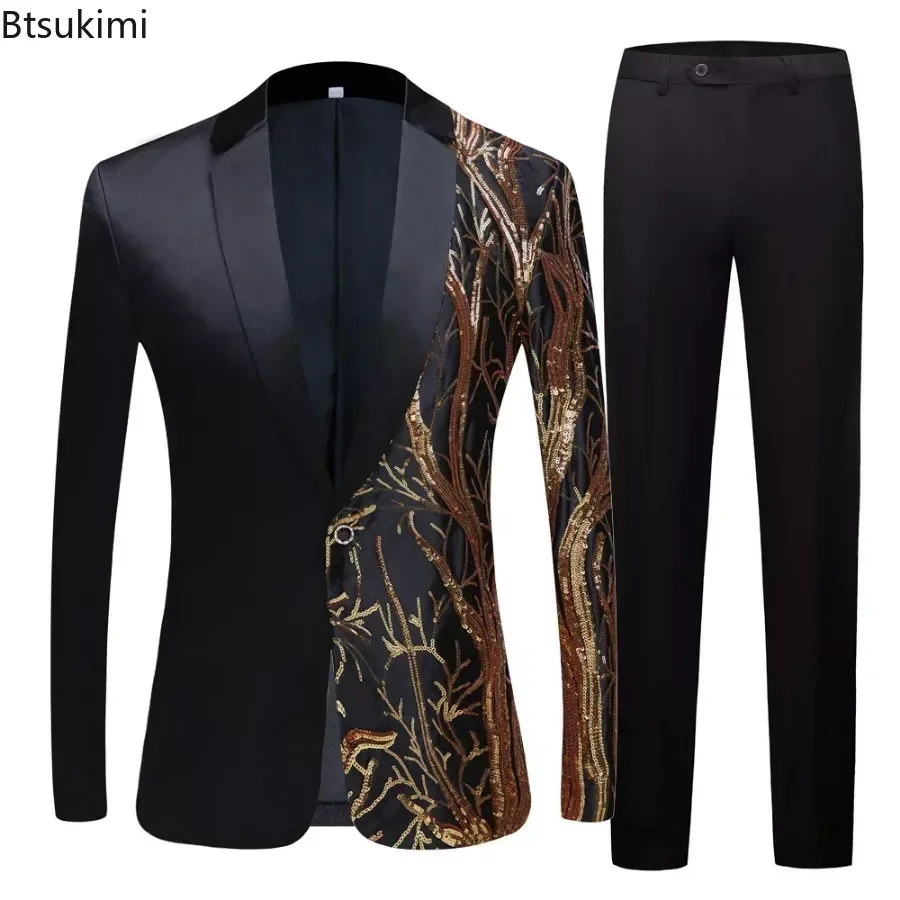 

2025 Men's Embroidery Jacquard Blazer Sets Slim Banquet Wedding Suits Sets Luxury Design Evening Dress Suit Sets Men's Outfits