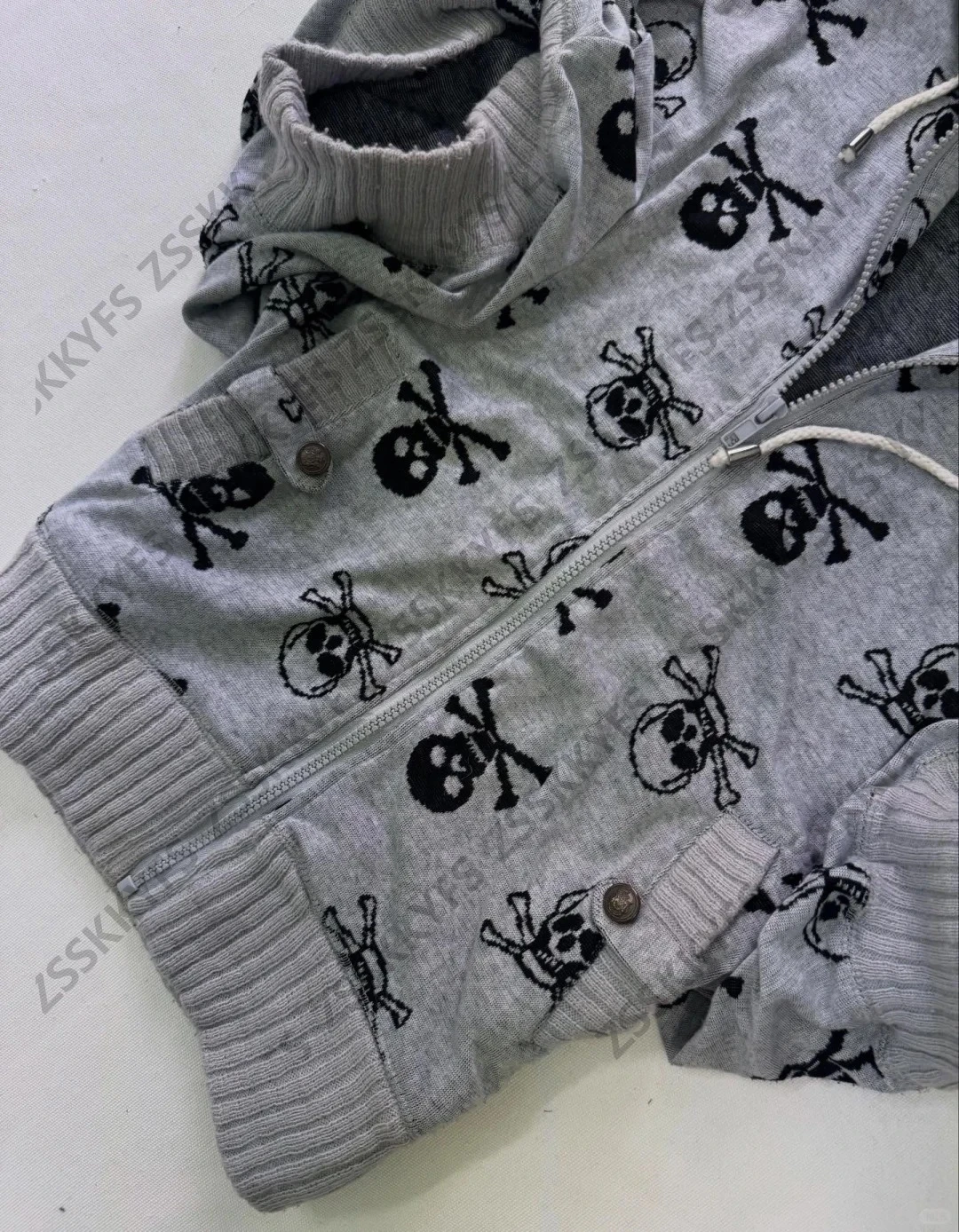 Bluza z kapturem z nadrukiem czaszki w stylu vintage, ubrania Y2k, bluza z lat 90., punk, gotyk, estetyka high street, płaszcz Harajuku, luźny krój, zapinana na zamek, moda zimowa