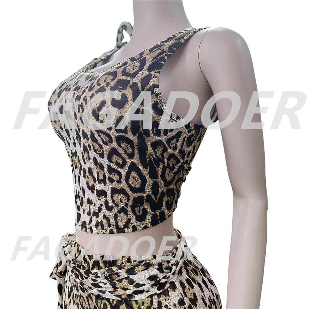 FAGADOER Sexy Leopard Print 2 Piece Sets Women Outfit Sleeveless Bandage Patchwork Crop Top + Pants Suit Female Streetwear 2025