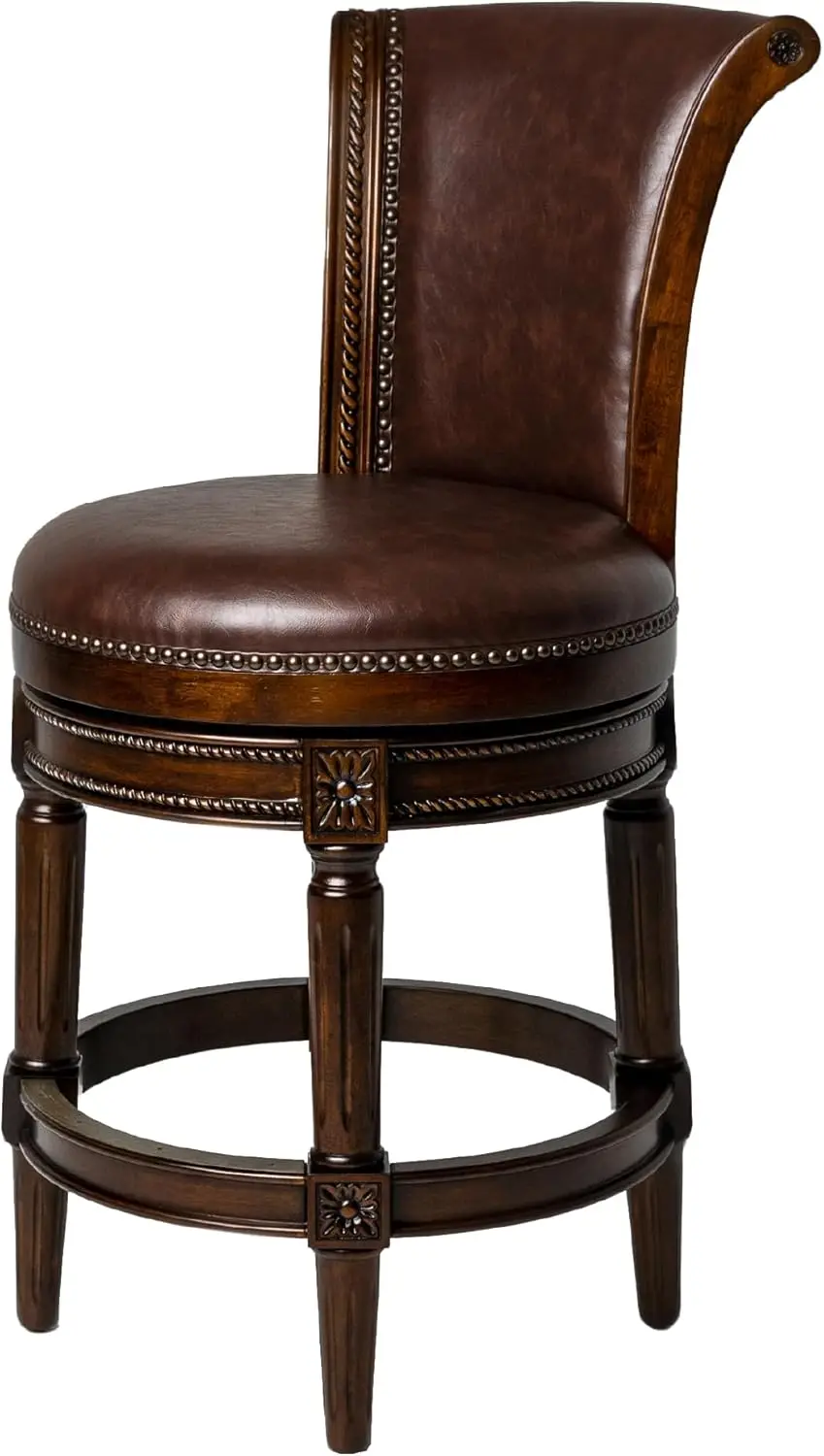 PCounter Stool 26' Swivel with Footrest, Dark Brown Wood Frame & Brown Faux Leather – Kitchen Island Counter Stool