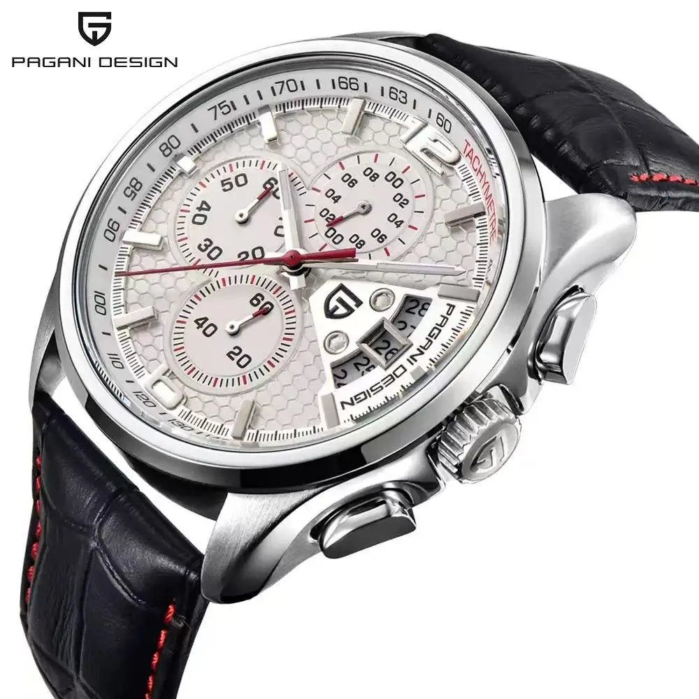 PAGANI DESIGN Hot Selling Men Quartz Watch Multifunctional Chronograph Waterproof Sports Leather Wristwatch with Date Window