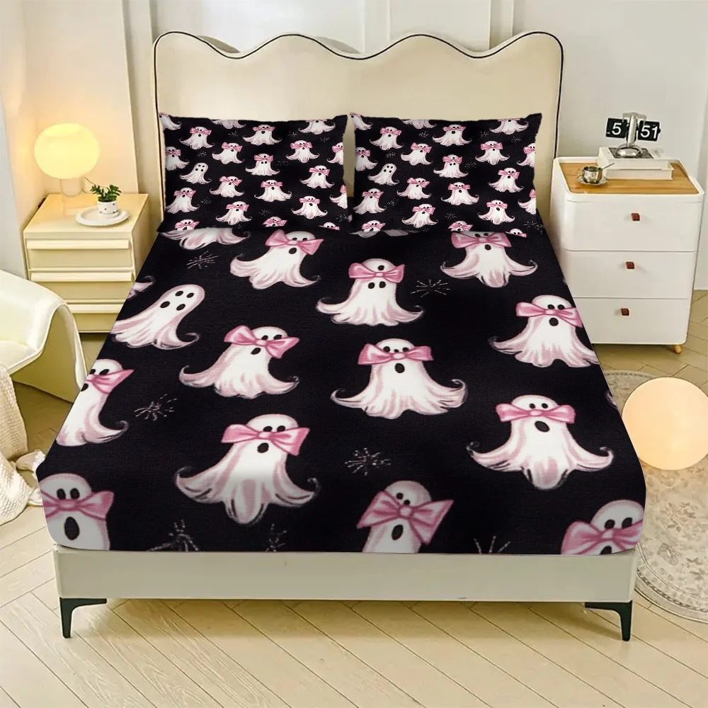 1pc Halloween Fitted Sheet Lovely Ghost 3D Print 100% Polyester Cover Breathable Bedding Set Home Decor without Pillowcases