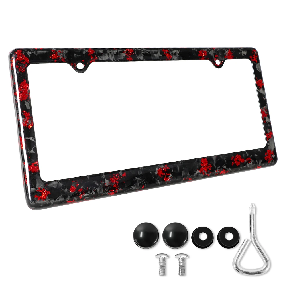 Glossy Red Forged Carbon Fiber License Plate Frame 2-Hole 1 Pack US Standard Universal Car Tag Holder Cover with Screw Caps