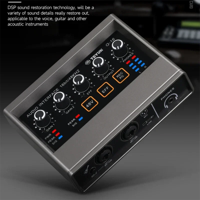 

TEYUN 48KHz Audio Interface Phone PC Recording Hi-z Guitar Echo 48V 2 Channel External Studio Sound Card for Game Podcast Q16