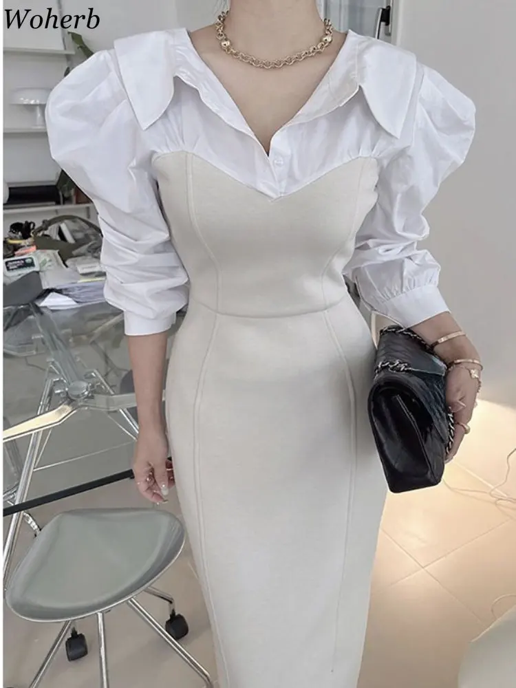 Woherb Women French Lapel Contrast Color Stitching Dress 2024 New Korean Chic Button Vestidos Spring Slim Lantern Sleeve Dresses