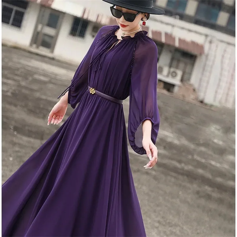 

2024 Spring and Summer New Ladies High-quality Elegant Lantern Sleeves With Beaded Purple Swing Dress Woman