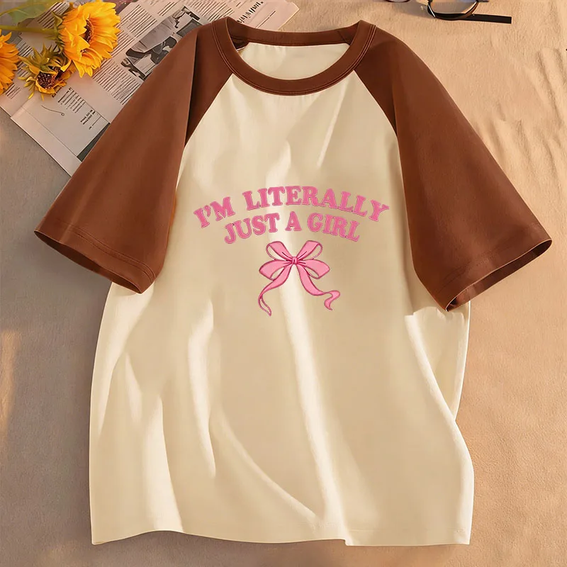 Modisches T-Shirt mit Schleife für Mädchen, Vintage-Stil, lässig bedrucktes T-Shirt mit Rundhalsausschnitt und kurzen Ärmeln