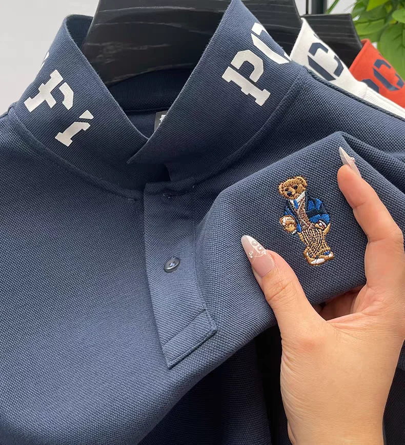 العلامة التجارية الفاخرة قميص بولو رجالي التلبيب الدب التطريز طباعة طويلة الأكمام 100 القطن تي شيرت الخريف الأعمال موضة رائعة الرجالية #6