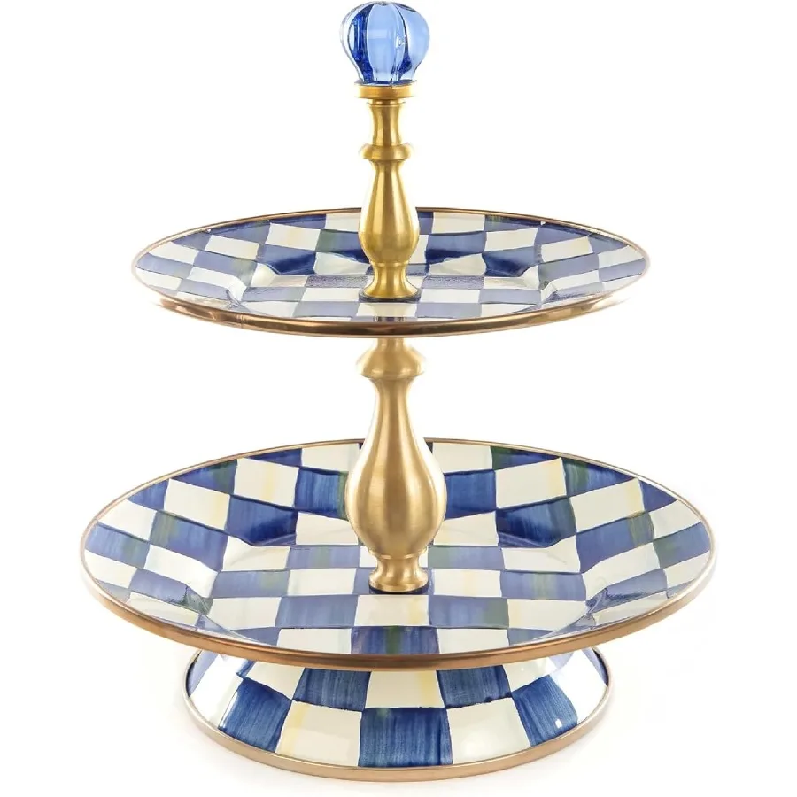 

Эмалированная двухъярусная подставка для сладких продуктов, двухуровневый сервировочный поднос для десерта, сине-белая королевская клетка