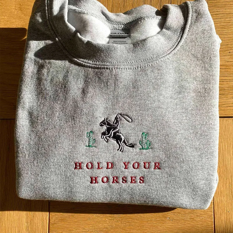 Hold Your Horses Cactus Embroidered Sweatshirts Men Women Unisex Gray Votton Thick Pullover Vintage Style 80s 90s Autumn Clothes