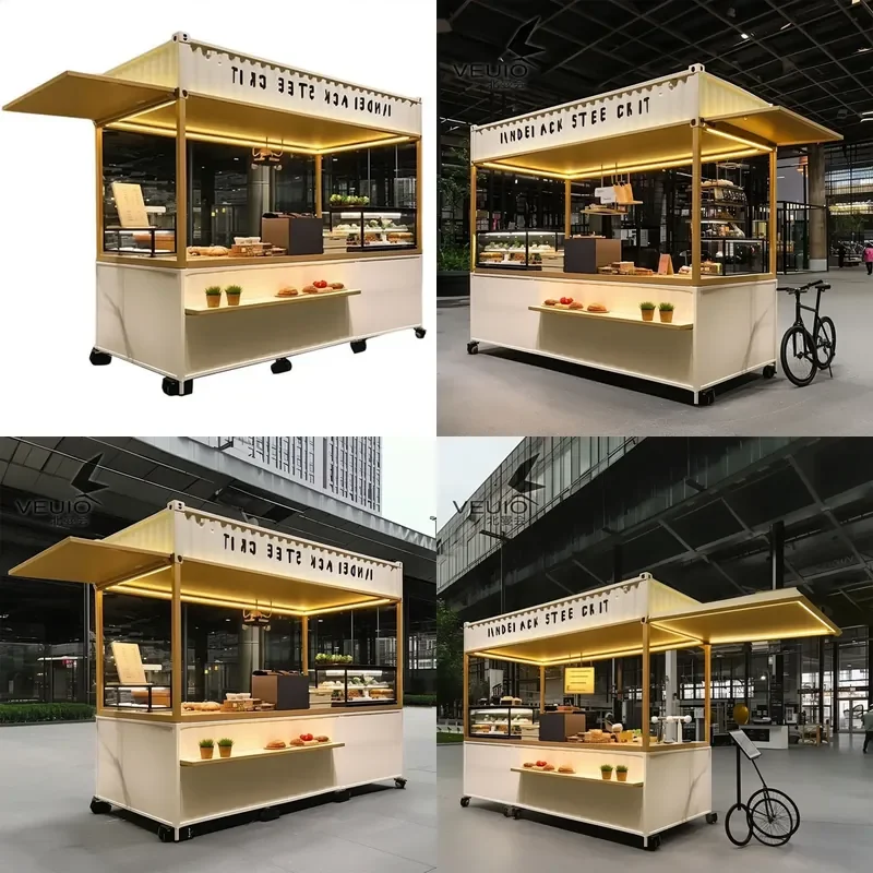 Mobile Food Truck Metal Frame Glass Display Cabinet LED Light Commercial Snack Stall Modern Simple Design