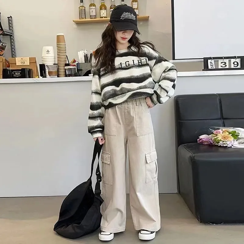 

2025 г., осень-весна, одежда для девочек, толстовка, детское платье для подростков, топ, детский спортивный костюм с капюшоном в полоску с буквами 4, 6, 7, 8, 9, 10, 11 12 лет