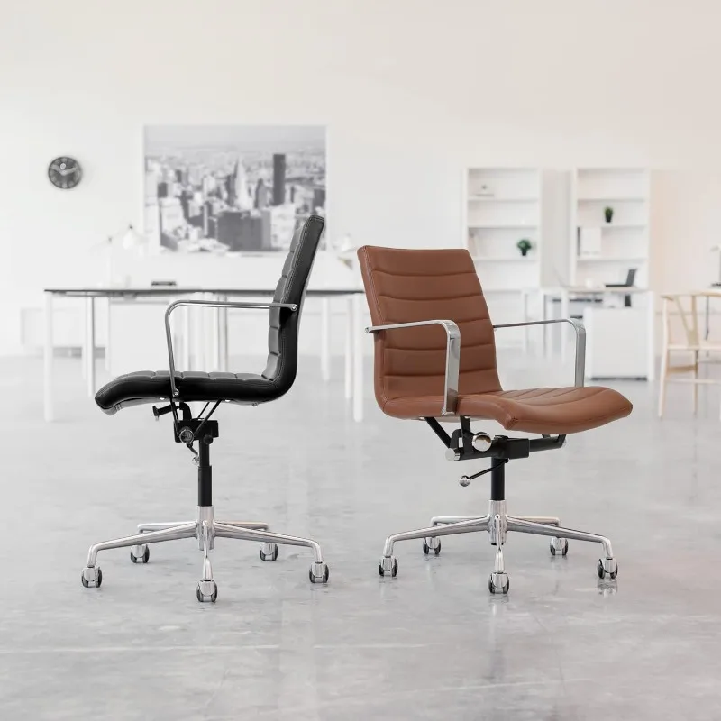 Mid Back Desk Chair, Ergonomically Designed with Arm Rest & Swivel, Made of Faux Leather, Tan, Computer Chair