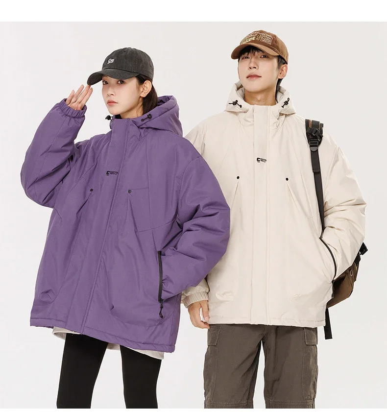 เสื้อแจ็คเก็ตผู้หญิงแบบหนา ทรงหลวม สีพื้น สำหรับกิจกรรมกลางแจ้ง เสื้อพาร์กาลำลอง สไตล์สปอร์ต มีฮู้ด บุใยอุ่น กันลม เสื้อผ้าฤดูหนาวสำหรับผู้หญิง