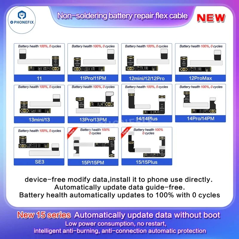 i2C No-soldering Battery Repair Flex Cable Without Programming For iPhone 11 12 13 14 15 Pro Max Fixed Battery Health 100% Tools