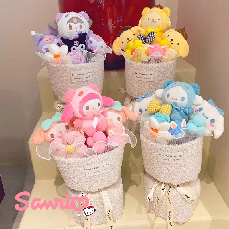 

Sanrio Kuromi Plush Toys Bouquet Melody Cinnamoroll Stuffed Plushie Flower Bouquet Room Decoration Doll Girl Valentine Day Gift